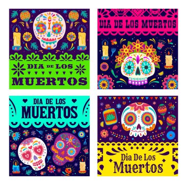 Dia de Los Muertos pankartlı Meksika papel picado ya da kağıt kesikli bayraklar, vektör tatil geçmişi. Ölü ya da Dia de Los Muertos Günü Meksika kalamar kafatası ve çiçek süslemeli tatil afişleri