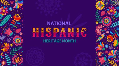 Ulusal İspanyol mirası ay festivali afişi tropikal çiçekler ve bitki vektör desenli. Latin Amerika kültürü bayram kartı. Karikatür, etnik çiçek süsleri.
