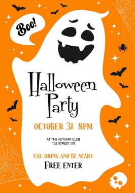 Halloween party flyer with funny ghost, flying bats and spider on cobweb for holiday vector poster. Kids Halloween trick or treat party flyer with cute boo ghost, skeleton skull in spooky spiderweb clipart