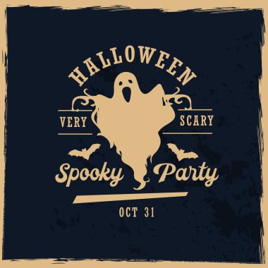 Korkunç hayalet vektör siluetinin klasik Cadılar Bayramı grunge posteri. Korku Gecesi Beyaz Hayalet, Hayalet veya Hayalet koyu mavi arka planda yarasalar, Cadılar Bayramı şaka mı şeker mi parti daveti