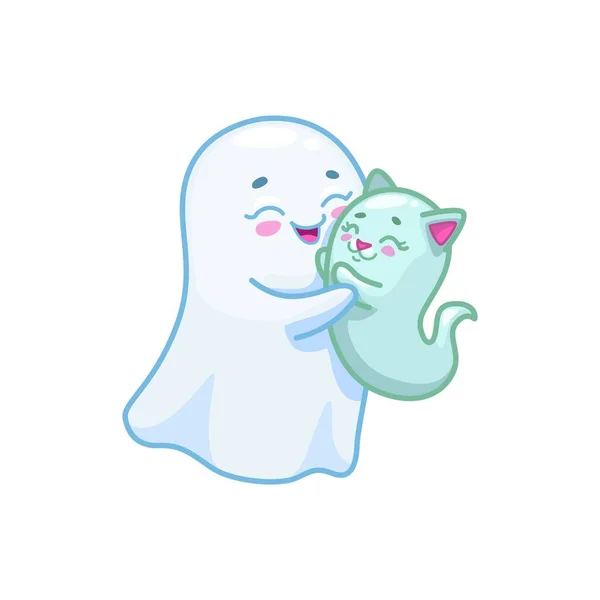 Halloween Kawaii Ghost Characters Adorable Kitten Spook Companion Floats Playfully — Stock Vector