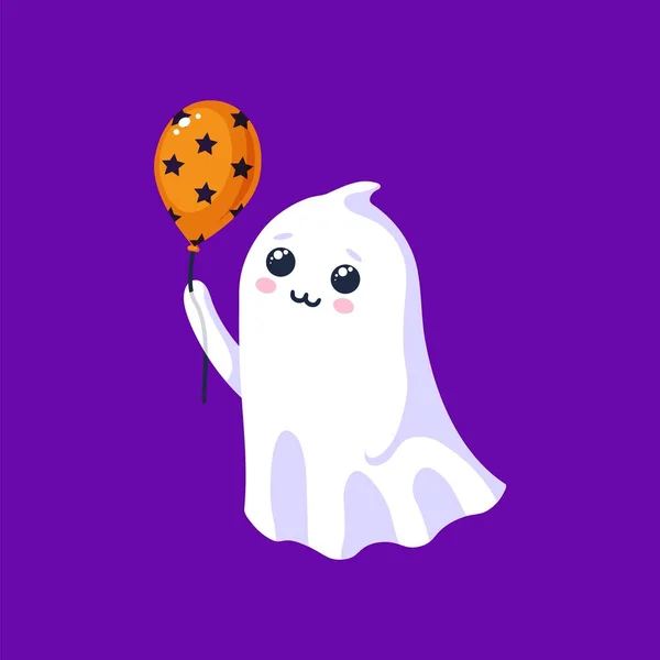 Halloween Kawaii Ghost Character Hold Colorful Balloon Cartoon Cute Vector — Stock Vector