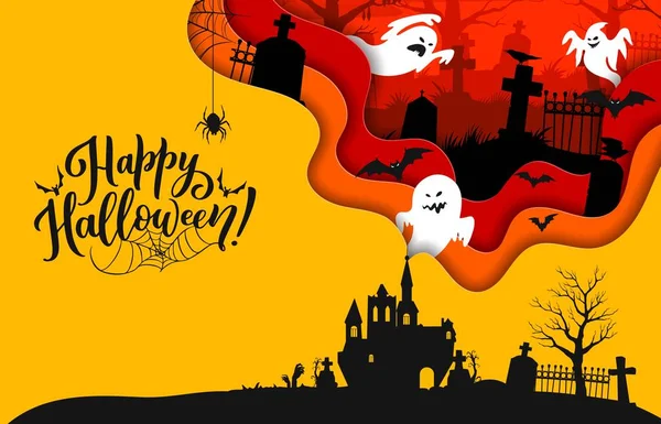 Halloween Papper Klippa Banner Med Slott Spöken Och Kyrkogård Gravstenar — Stock vektor