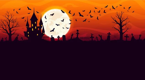 ハロウィン城とゾンビの手と飛ぶコウモリの墓地のシルエット ハロウィーンホラーホリデーベクターバナー ハンティングハウス 不気味な木々 墓石真夜中の空の背景 — ストックベクタ