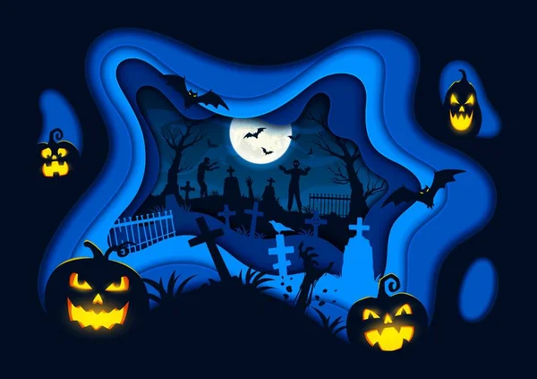 Halloween Paper Cut Scary Banner Zombie Danger Pumpkin Lanterns Cemetery — Stock Vector