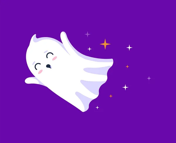 Fantasma Halloween Kawaii Vola Aggraziatamente Attraverso Cielo Notturno Lasciando Una — Vettoriale Stock