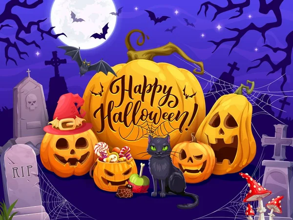 Personnages Dessin Animé Halloween Bonbons Sur Cimetière Paysage Minuit Citrouilles — Image vectorielle