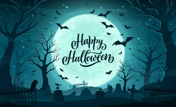 Halloween Cemetery Landscape Tombstones Flying Bats Holiday Cartoon Vector Happy — Stock Vector