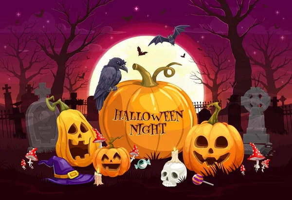 Halloween Feiertagskürbisse Auf Dem Mitternachtsfriedhof Cartoon Vektor Gruselige Figuren Halloween — Stockvektor