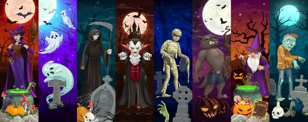 할로윈 캐릭터 콜라주 휴일의 무서운 좀비와 뱀파이어 마법사 묘지에서 귀신과 — 스톡 벡터