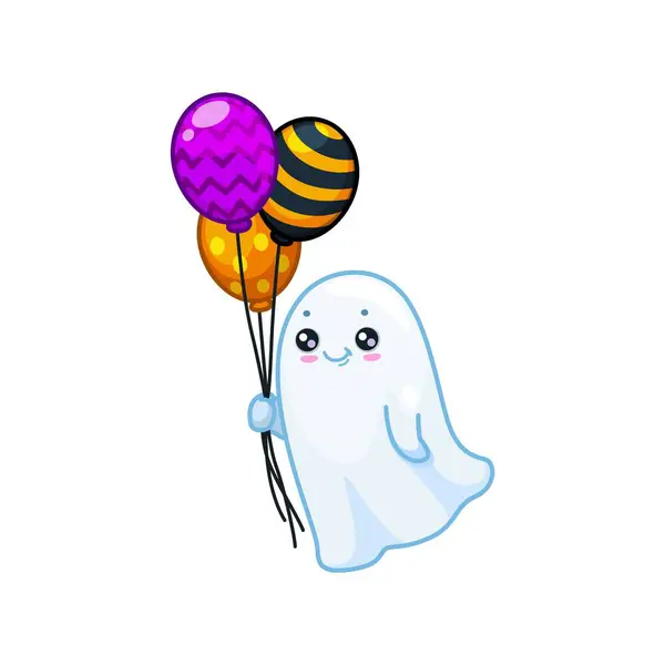 Halloween Kawaii Duch Charakter Držet Spoustu Barevných Balónků Izolovaný Karikatura — Stockový vektor
