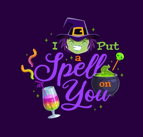 Halloween Quote Put Spell You Cartoon Witch Emoji Potion Cauldron — Stock Vector