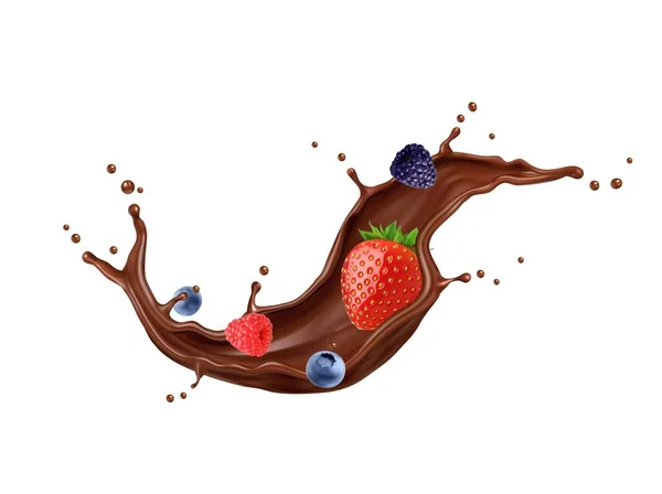Chocolate Milk Swirl Wave Splash Ripe Wild Berries Isolated Vector — Stock Vector