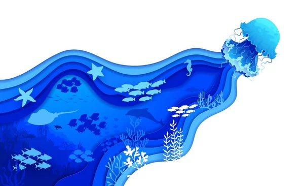 Medusas Azules Papel Mar Cortan Paisaje Submarino Con Bancos Peces — Archivo Imágenes Vectoriales