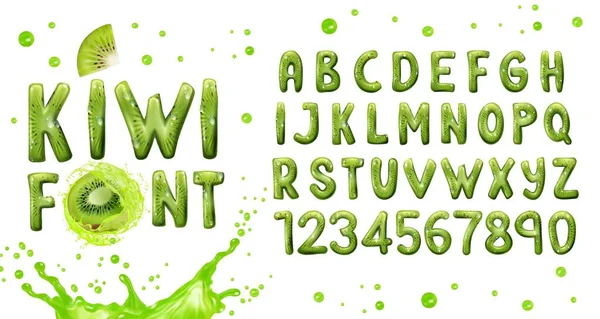 Realistické Kiwi Písmo Ovocný Typ Zelené Písmo Izolované Anglické Abecední — Stockový vektor