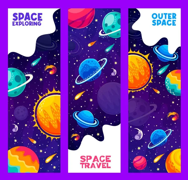 Viagem Espacial Explorar Banners Com Planetas Estrelas Galáxias Estreladas Fundo —  Vetores de Stock
