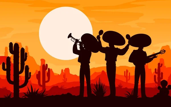 Мексиканский Музыкант Мариачи Ковбойские Силуэты Закате Пустыне Мексике Векторный Фон — стоковый вектор