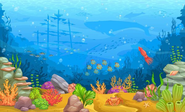 Cartoon sea underwater landscape. Marine water world background, sea animal and plants or seabed deep wildlife scene vector backdrop with sunken ship, whale, fish shoals silhouettes, squid, seaweeds