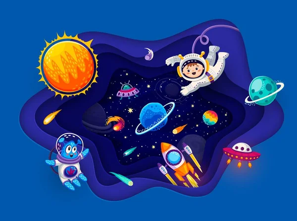 Cartoon Solar System Space Paper Cut Galaxy Planets Kid Astronaut — Stock Vector