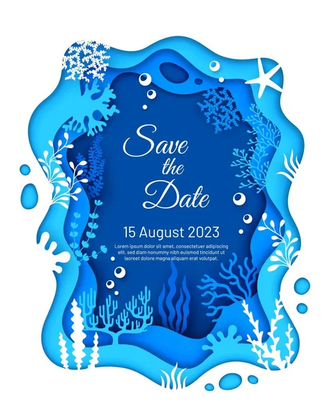 Wedding Invitation Sea Paper Cut Seaweeds Landscape Underwater Life Sea — Stock Vector
