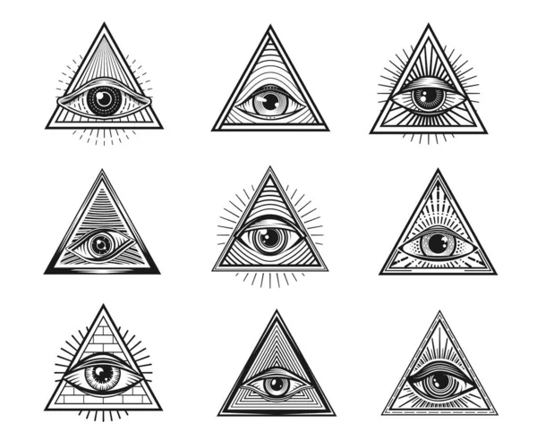 发光的眼睛与石匠金字塔 三角天意符号 神秘纹身 共济会手绘矢量符号 神秘而神秘的雕刻纹身或神秘的封印 有金字塔状的眼睛 — 图库矢量图片