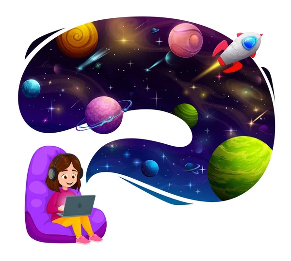 Cartoon Child Girl Sitting Bag Chair Laptop Thinking Space Discovery — Stock Vector