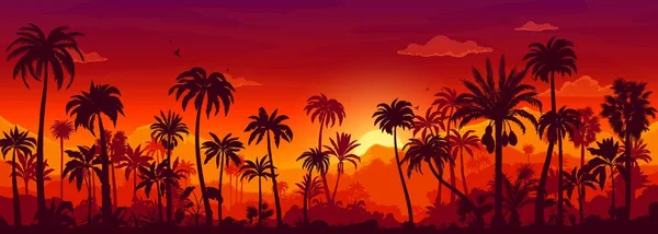 Tropical jungle sunset in forest, landscape silhouette or nature scenery, vector background. Red sun in jungle palm trees, sunset in Amazon, Asia or Africa with mountain rocks and clouds in sky