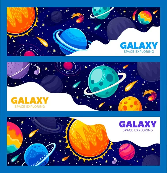 Galaxy Space Exploring Banners Solar System Galaxy Planets Stars Universe — Stock Vector