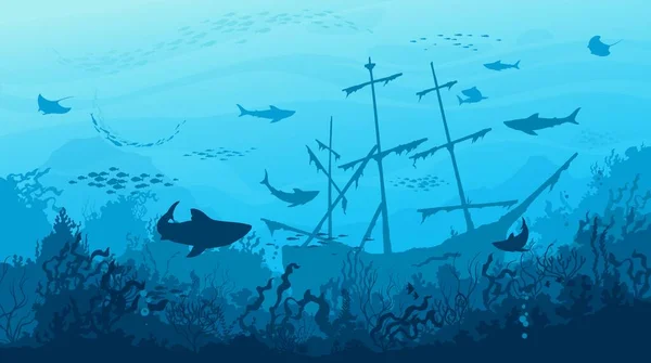 Tiburones Marinos Barcos Hundidos Siluetas Cardúmenes Peces Paisaje Marino Submarino — Vector de stock