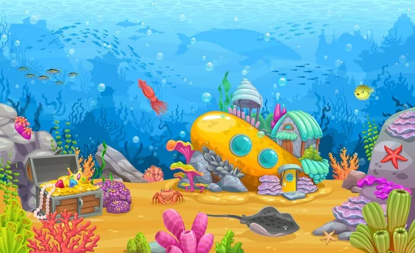 沈没した潜水艦の家と海底の風景 漫画のベクトルで宝箱 クジラ ヒトデシュのストレイと深海で沈没した海底の家 — ストックベクタ