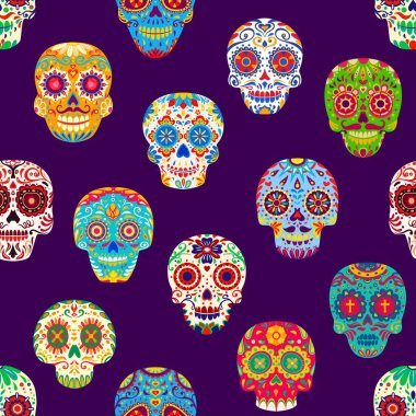 Meksika calavera şekerli kafatasları kusursuz desen. Diya de los muertos tatil komik karakterleri. Karikatür vektör kiremit arka planında çiçek ve çiçek süsleriyle süslenmiş insan calaca başları