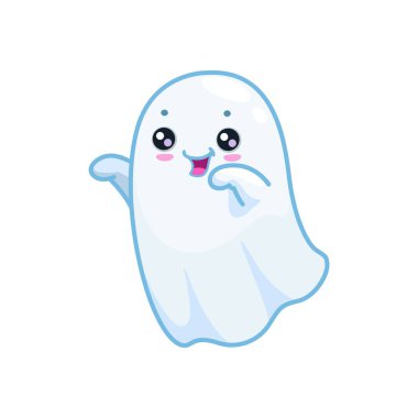 Halloween kawaii cute ghost character with mischievous face and raised arms playfully saying boo, while trying to frighten. Cartoon vector charming, spooky and adorable spirit flying at holiday night clipart