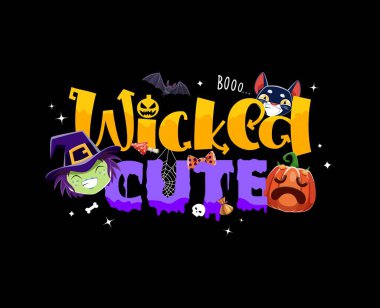 Canavar emojisi karakterli Cadılar Bayramı tatili alıntısı. Cadılar Bayramı gece vektör tipografisi komik cadı, balkabağı, yarasa ve kedi, kafatası, şeker, mantar ve örümcek ağı ile