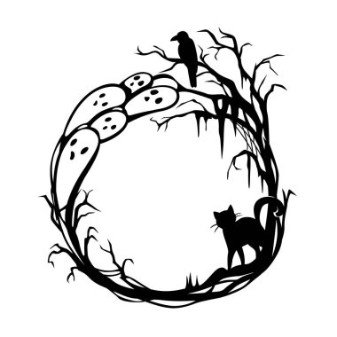 Cadılar Bayramı siyah çerçevesi, hayaletler, siyah kedi ve kuzgun, vektör siluet sınırı. Cadılar Bayramı korku gecesi sınır çerçevesi korkunç hayalet canavarlar, perili ormanın ürpertici ağaç dalları