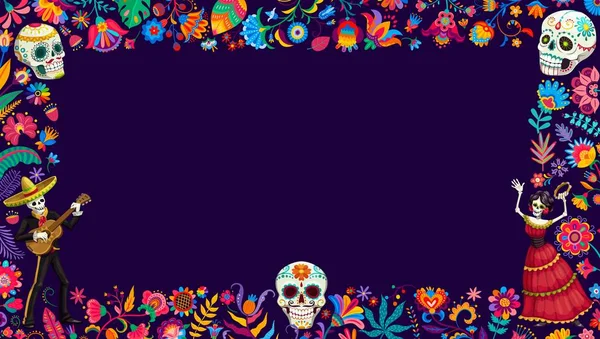 メキシコの砂糖の頭蓋骨 ベクターの背景と死者の休日のフレームのディア ムエルトまたはデイ カトリーナカラベラと熱帯の花を持つマリアチミュージシャン フレーム内のギターでソンブレロの骨格 — ストックベクタ