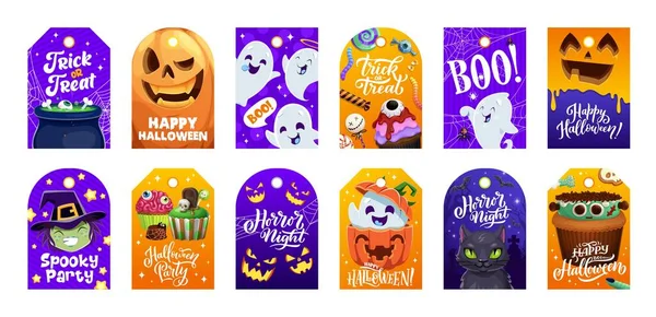Halloween Holiday Gift Tags Pumpkins Monsters Ghosts Cartoon Vector Happy — Stock Vector