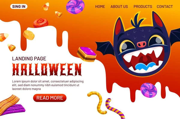 Halloween Landing Page Devil Character Holiday Sweets Vector Web Banner — Stock Vector