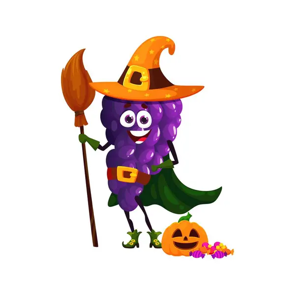 Cartoon Funny Halloween Grapes Fruit Character Holiday Witch Costume Isolated — Stock Vector