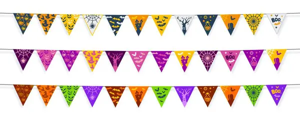 Halloween Garland Pennants Flags Holiday Patterns Isolated Vector Black Purple — Stock Vector