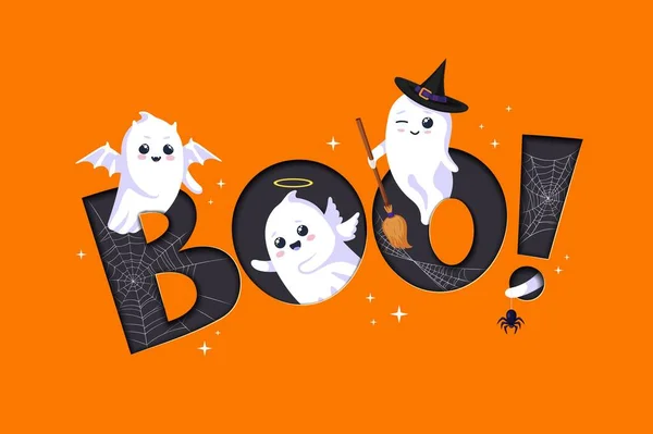 Halloween Papier Gesneden Groeten Met Citaat Boo Kawaii Spookfiguren Vector — Stockvector