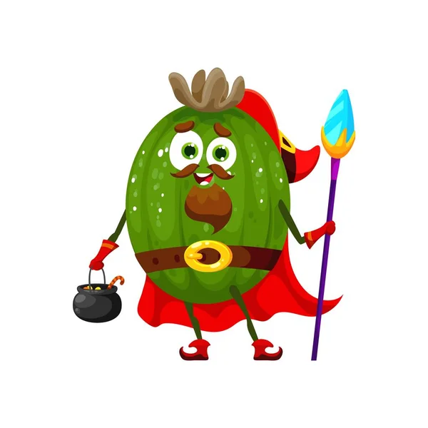 卡通片有趣的万圣节水果人物穿着节日巫师的服装 孤立的病媒 喜形于色的水果人 头戴异想天开的红色斗篷和帽子 配以手杖和加糖的大锅 — 图库矢量图片