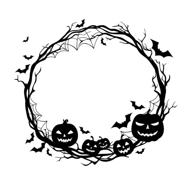 Halloween Vacanza Cornice Nera Con Zucche Spettrali Ragnatele Ragno Silhouette — Vettoriale Stock