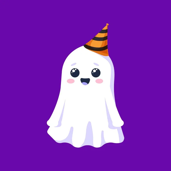 Halloween Kawaii Ghost Character Wearing Striped Festive Hat Isolated Cartoon — Stock Vector