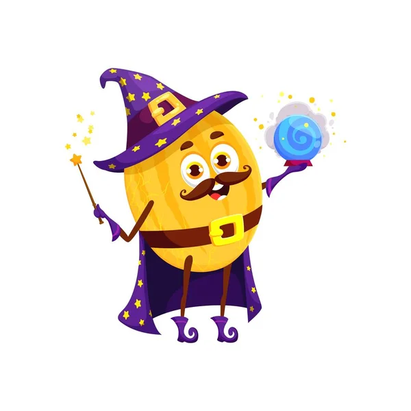 Cartoon Funny Halloween Melon Fruit Character Holiday Costume Wizard Isolated — Stock Vector