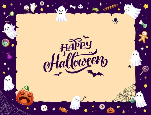 Cartoon Kawaii Halloween Ghosts Holiday Greeting Paper Scroll Vector Spooky — Stock Vector