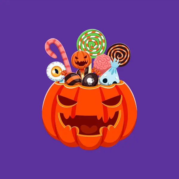 Dolci Halloween Nella Zucca Deliziosi Dolcetti Vettoriali Immersi Secchio Lanterna — Vettoriale Stock