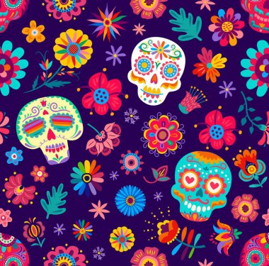 Kusursuz desen, Meksika şekerli kalamar kafatası ve tropik çiçekler, vektör arkaplan. Dia de Los Muertos ya da Ölü Meksika bayramı desenli kafatası boyalı etnik çiçek süsü