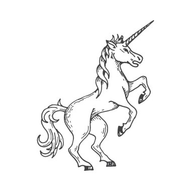 Tek boynuzlu at, ortaçağ kraliyet hayvan çizimi. Sihirli duvar, hoplayıp zıplayan tek boynuzlu at fantezi hayvanı ya da vektör amblemi oyan mitoloji canavarı. Efsanevi yaratık kraliyet arması ya da el yazısı amblemi