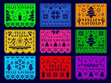 Feliz Navidad Meksika 'da Picado bayrakları ve kağıt kesimi çelenkler, Noel bayramı vektör pankartları. Meksika Fiesta papel picado Noel ağacı, kar tanesi, mum ve kaktüsle bayrak kesimi süslemeleri
