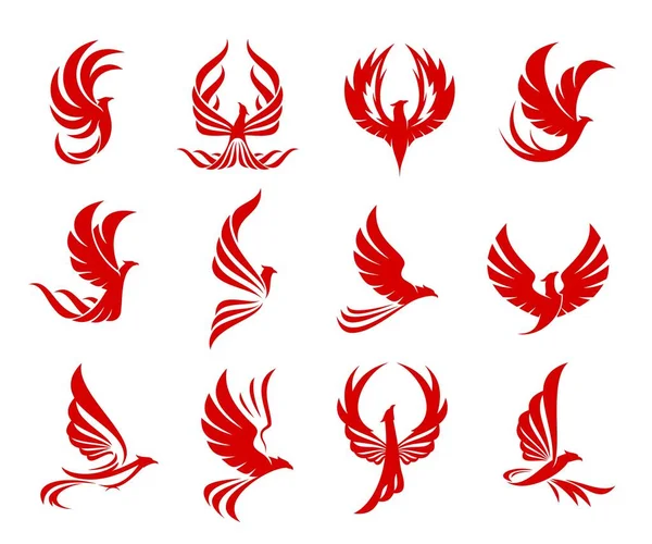 Red Phoenix Bird Icon Fire Wings Flaming Feathers Vector Fenix — Stock Vector